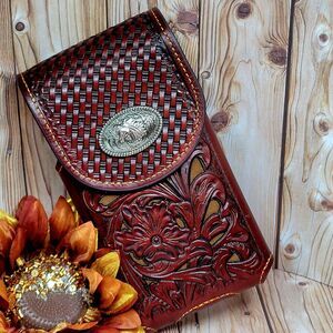 Horse Cowboy Belt Loop Phone Holster Brown Sz LARGE Genuine Leather Bask…